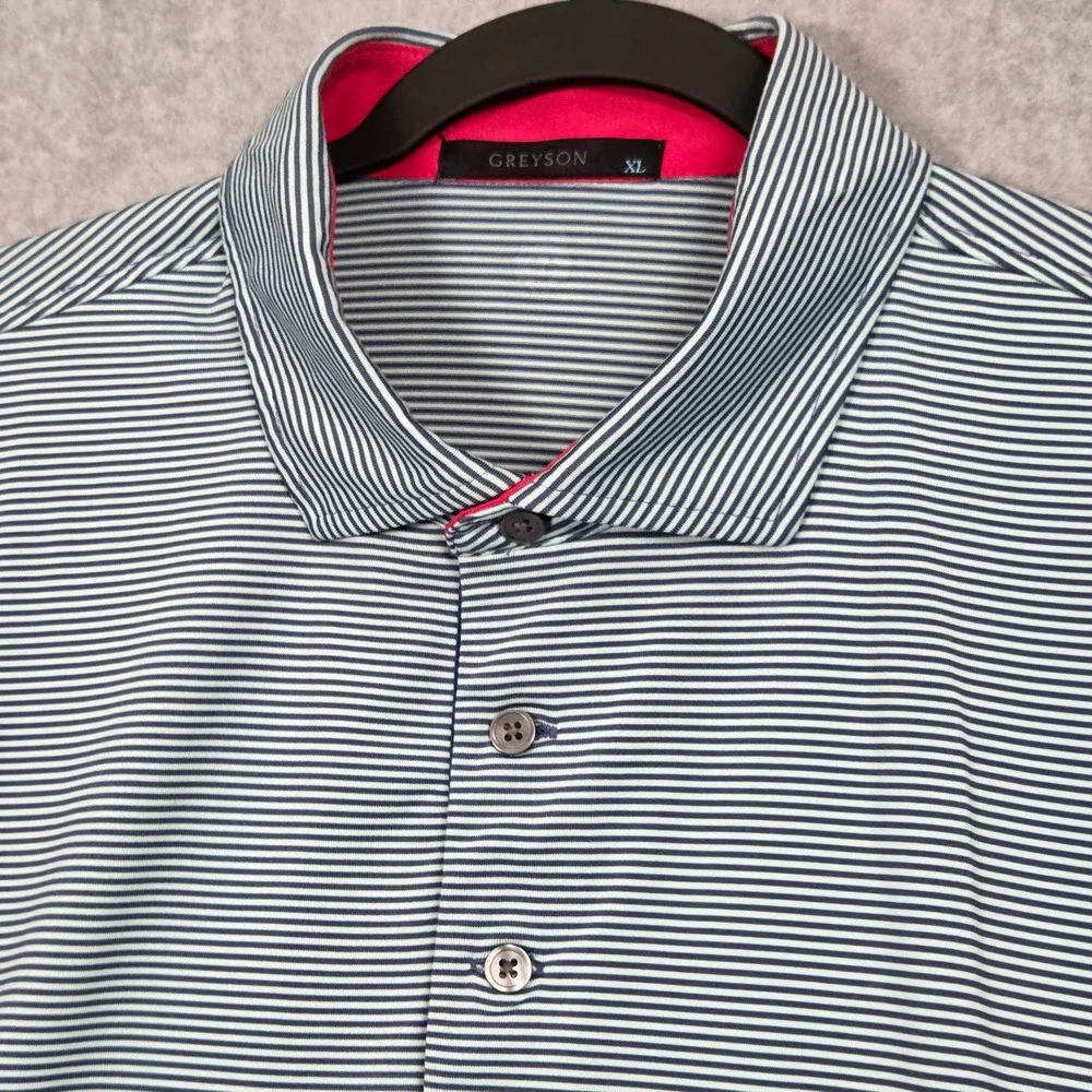 Greyson Mens XL Short Sleeve‎ Polo Shirt Striped Blue White Golf Performance